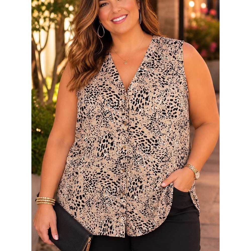Maurices Womens Blouse Tan Black Leopard Animal Print 2X Sleeveless Button Front